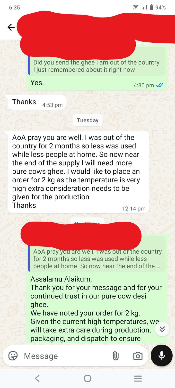 WhatsApp message from a Desilab customer: Near the end of the supply I will need more pure cows ghee. I would like to place an order for 2 kg.