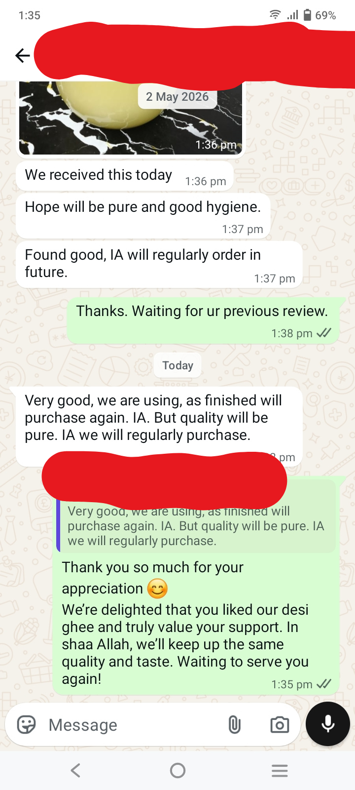 WhatsApp message from a Desilab customer: Very good, we are using, as finished will purchase again.
