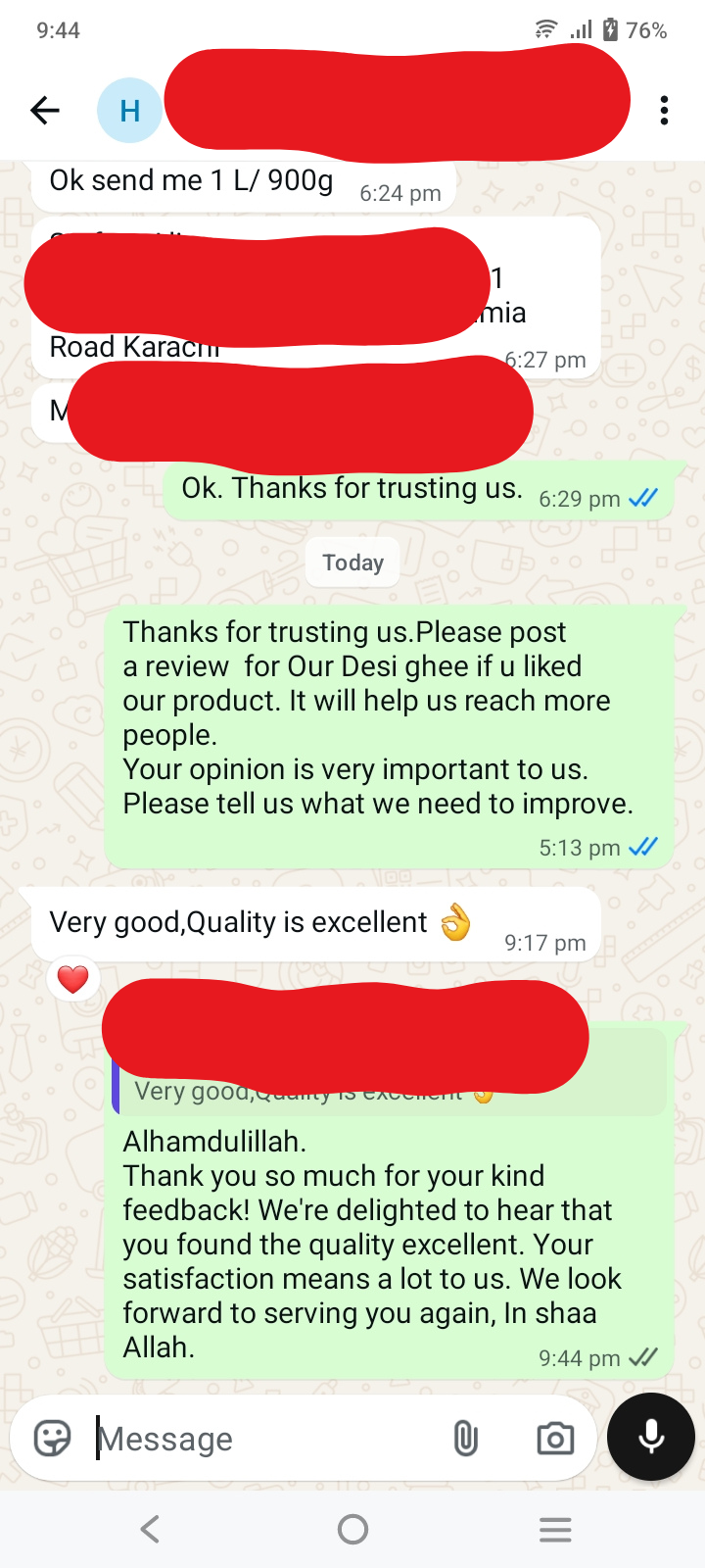 WhatsApp message from a Desilab customer: Very good, Quality is excellent 👌