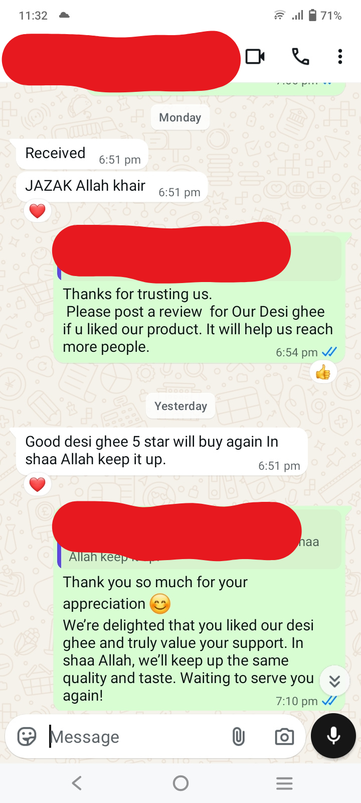 WhatsApp message from a Desilab customer: Good desi ghee 5 star will buy again In shaa Allah keep it up.